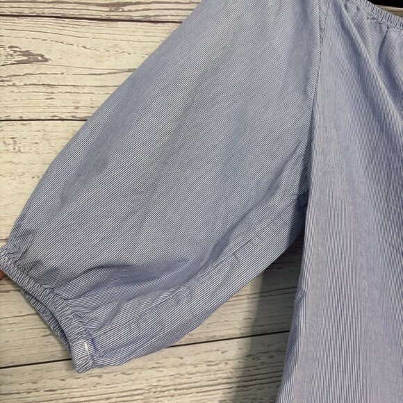 Maeve BlueWhite Microstripe Oversized Peasant Crop Top Med - Picture 3 of 6